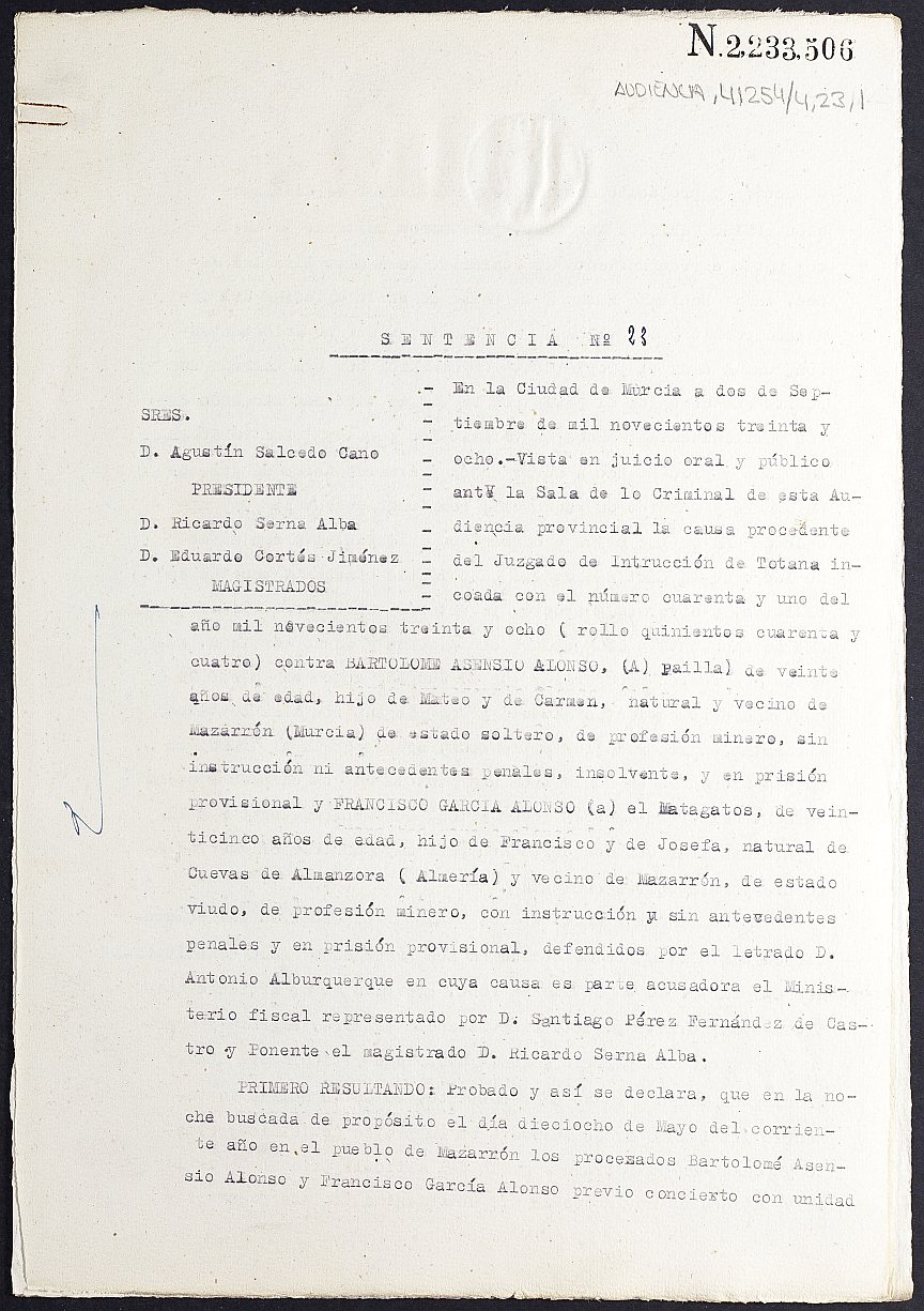 Sentencia nº 23/1938 de la Audiencia Provincial contra Bartolomé Asensio Alonso y Francisco García Alonso por robo.