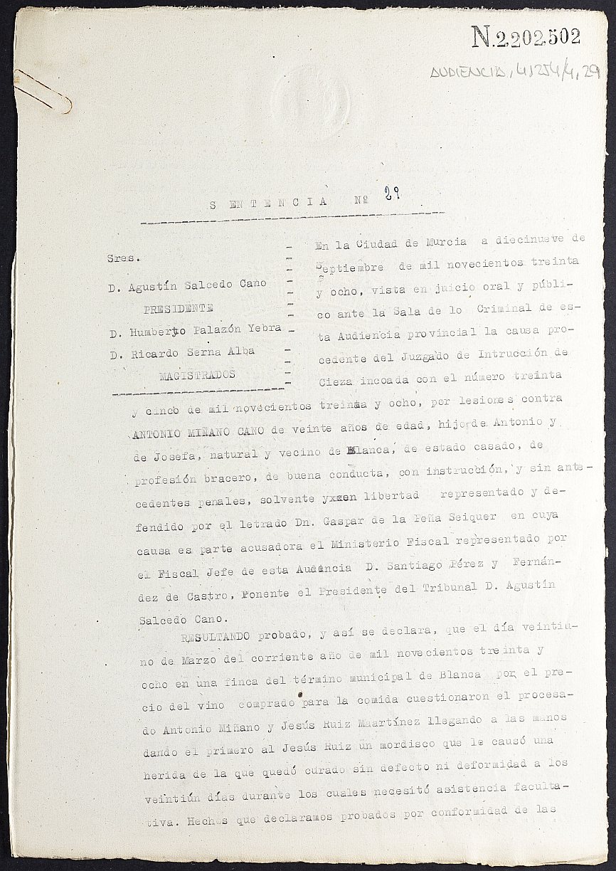 Sentencia nº 29/1938 de la Audiencia Provincial contra Antonio Miñarro Cano por lesiones.