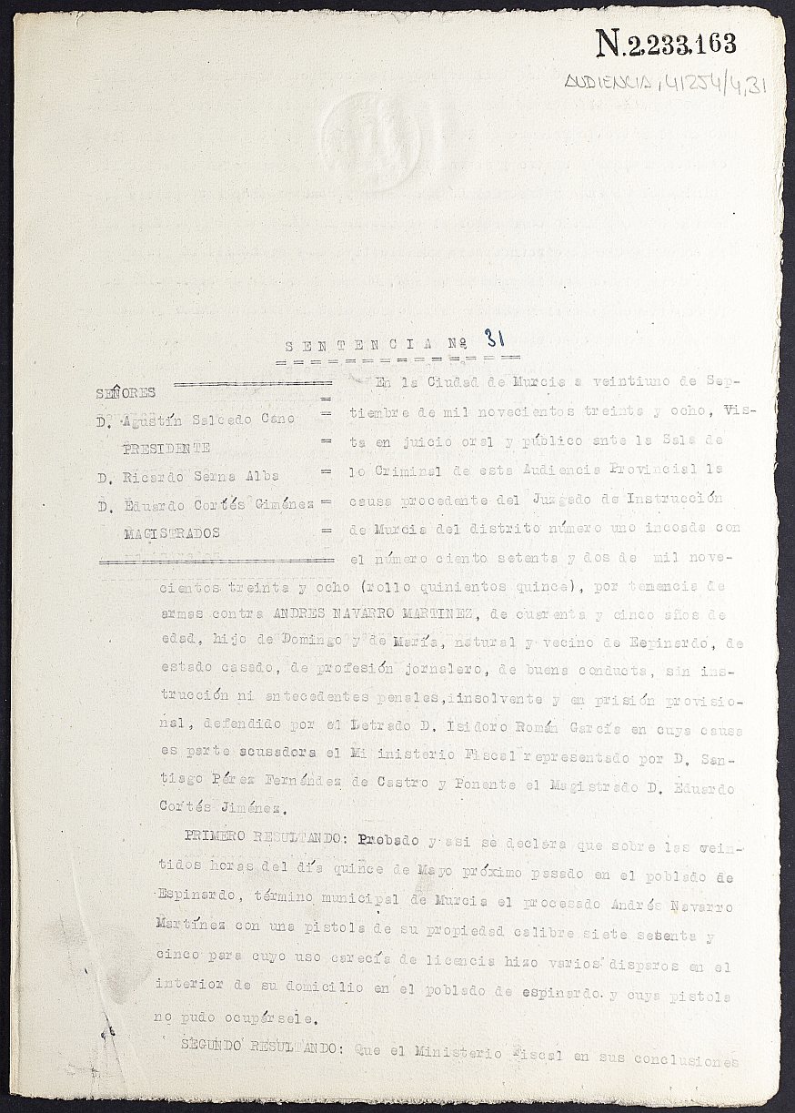 Sentencia nº 31/1938 de la Audiencia Provincial contra Andrés Navarro Martínez por tenencia de armas.