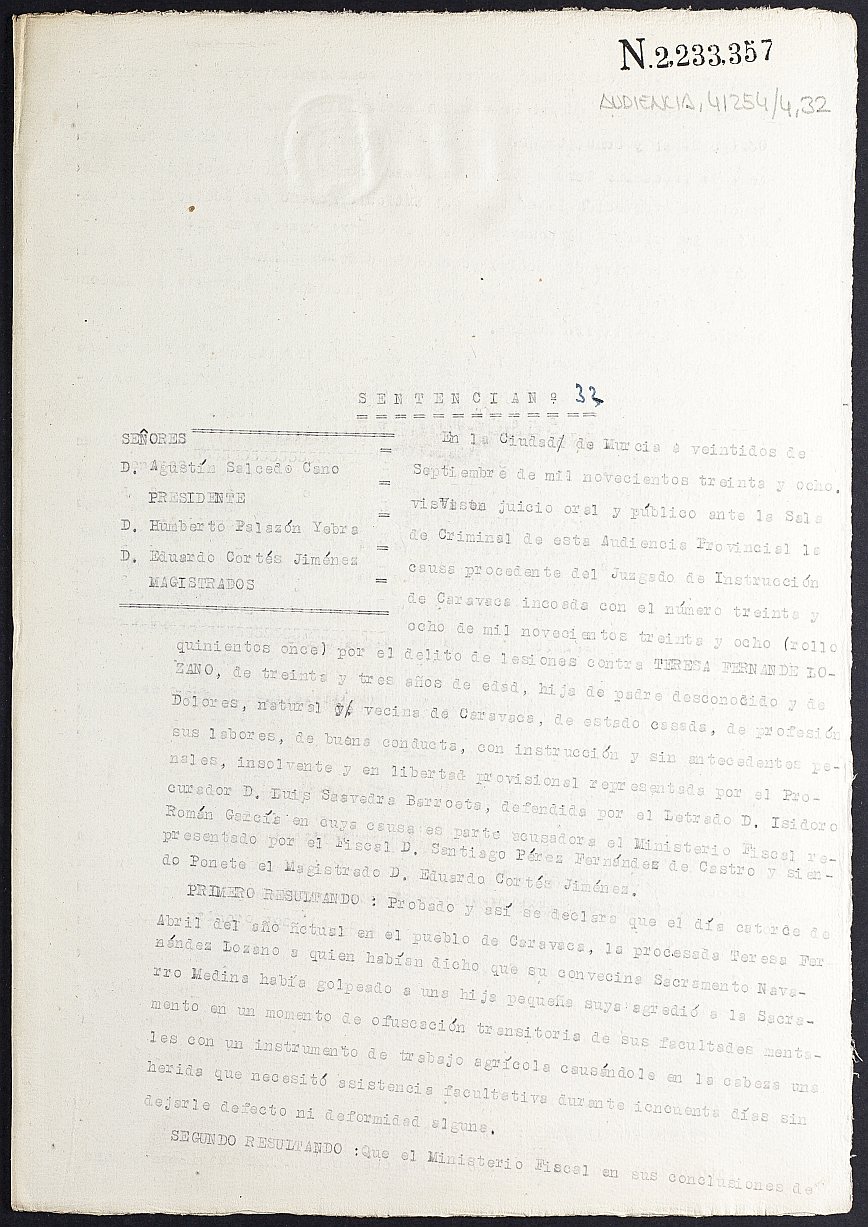 Sentencia nº 32/1938 de la Audiencia Provincial contra Teresa Fernández Lozano por lesiones.