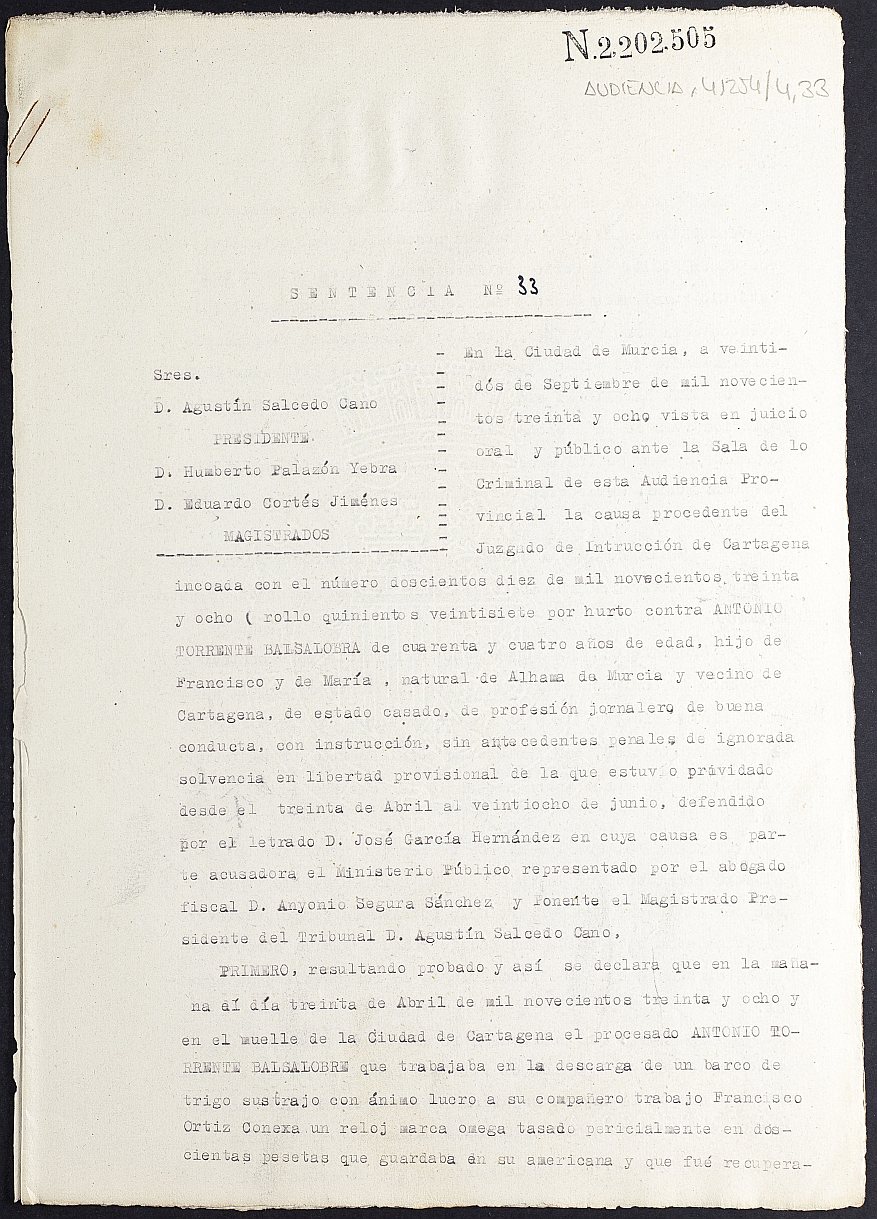 Sentencia nº 33/1938 de la Audiencia Provincial contra Antonio Torrente Balsalobra por hurto.
