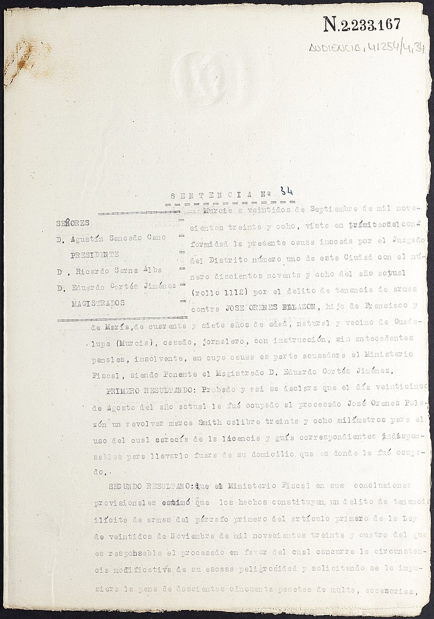 Sentencia nº 34/1938 de la Audiencia Provincial contra José Orenes Palazón por tenencia de armas.