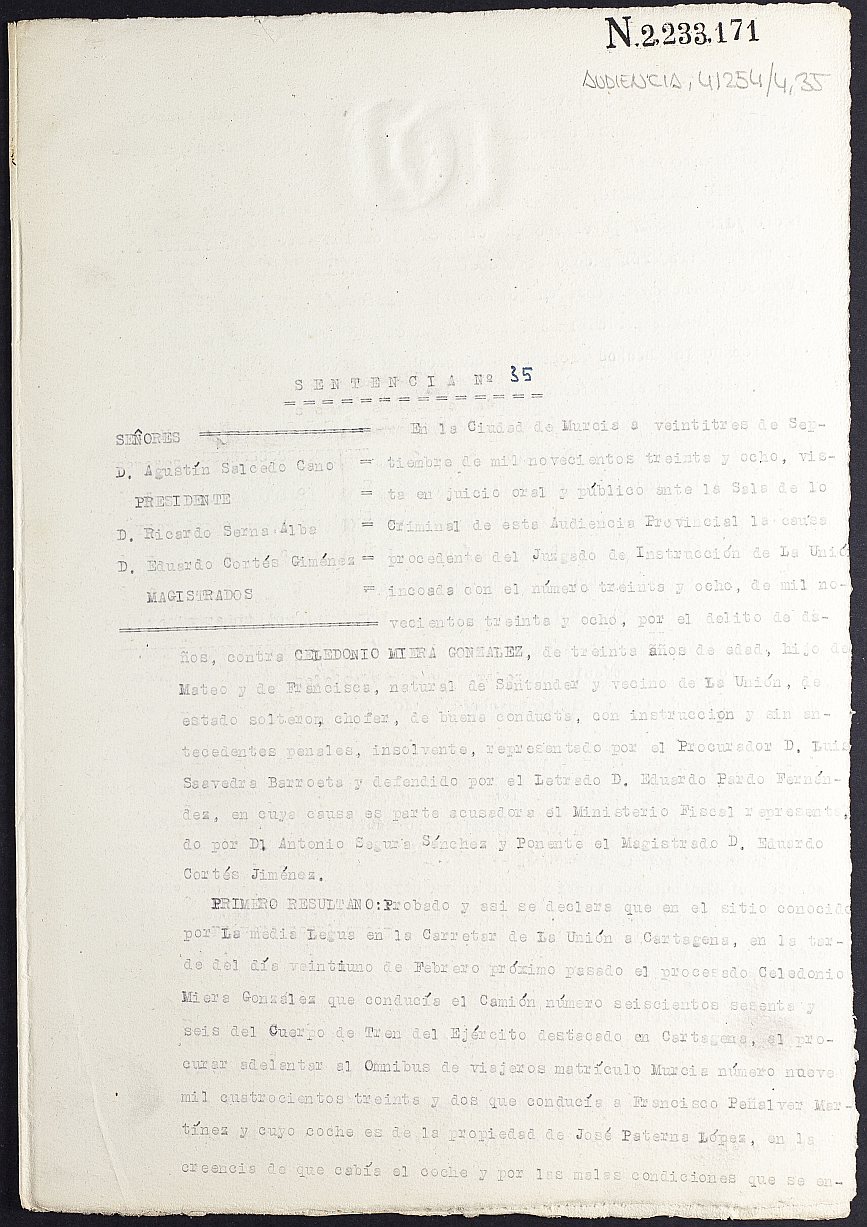 Sentencia nº 35/1938 de la Audiencia Provincial contra Celedonio Miera Gonzállez por el delito de daños.