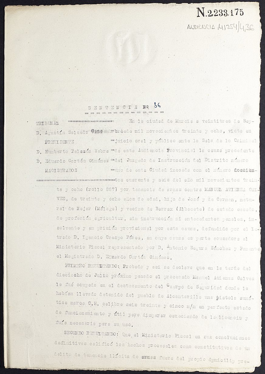 Sentencia nº 36/1938 de la Audiencia Provincial contra Manuel Atienza Gálvez por tenencia de amas.
