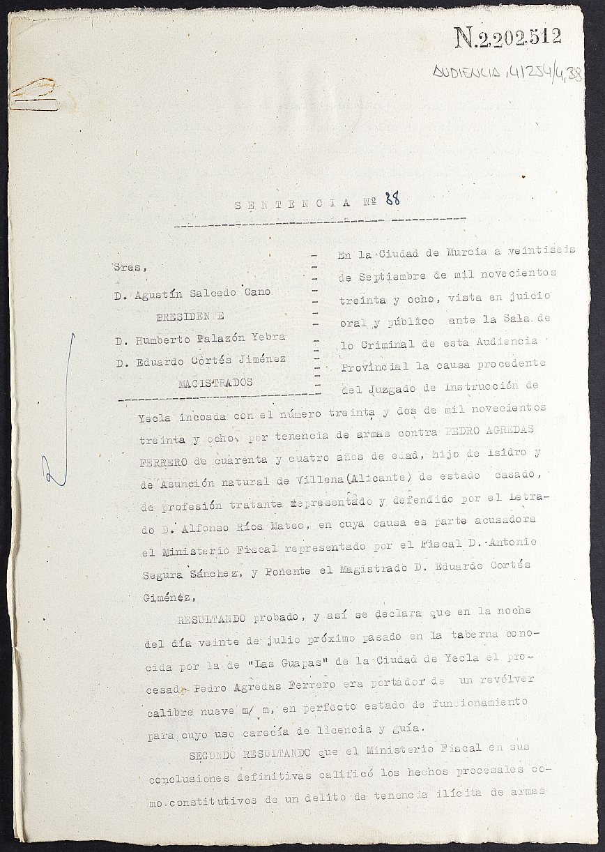 Sentencia nº 38/1938 de la Audiencia Provincial contra Pedro Agredas Ferrero por tenencia de armas.