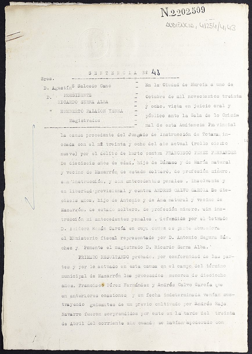 Sentencia nº 43/1938 de la Audiencia Provincial contra Francisco Pérez Fernández y Andrés Calvo García por el delito de hurto.