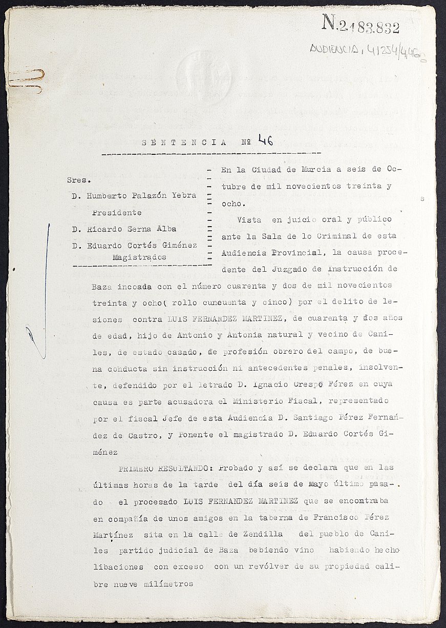 Sentencia nº 46/1938 de la Audiencia Provincial contra Luis Fernández Martínez por el delito de lesiones.