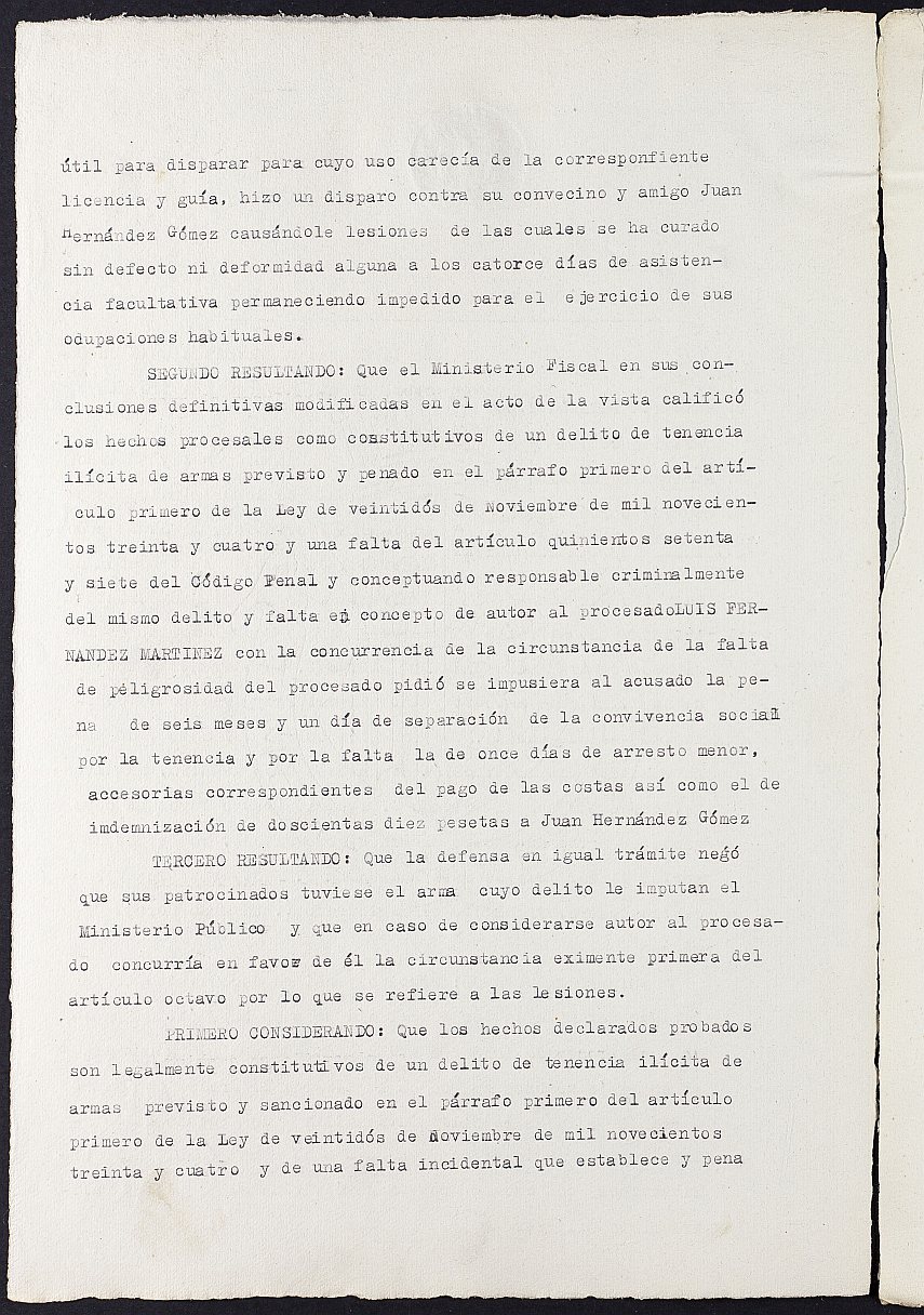Sentencia nº 46/1938 de la Audiencia Provincial contra Luis Fernández Martínez por el delito de lesiones.
