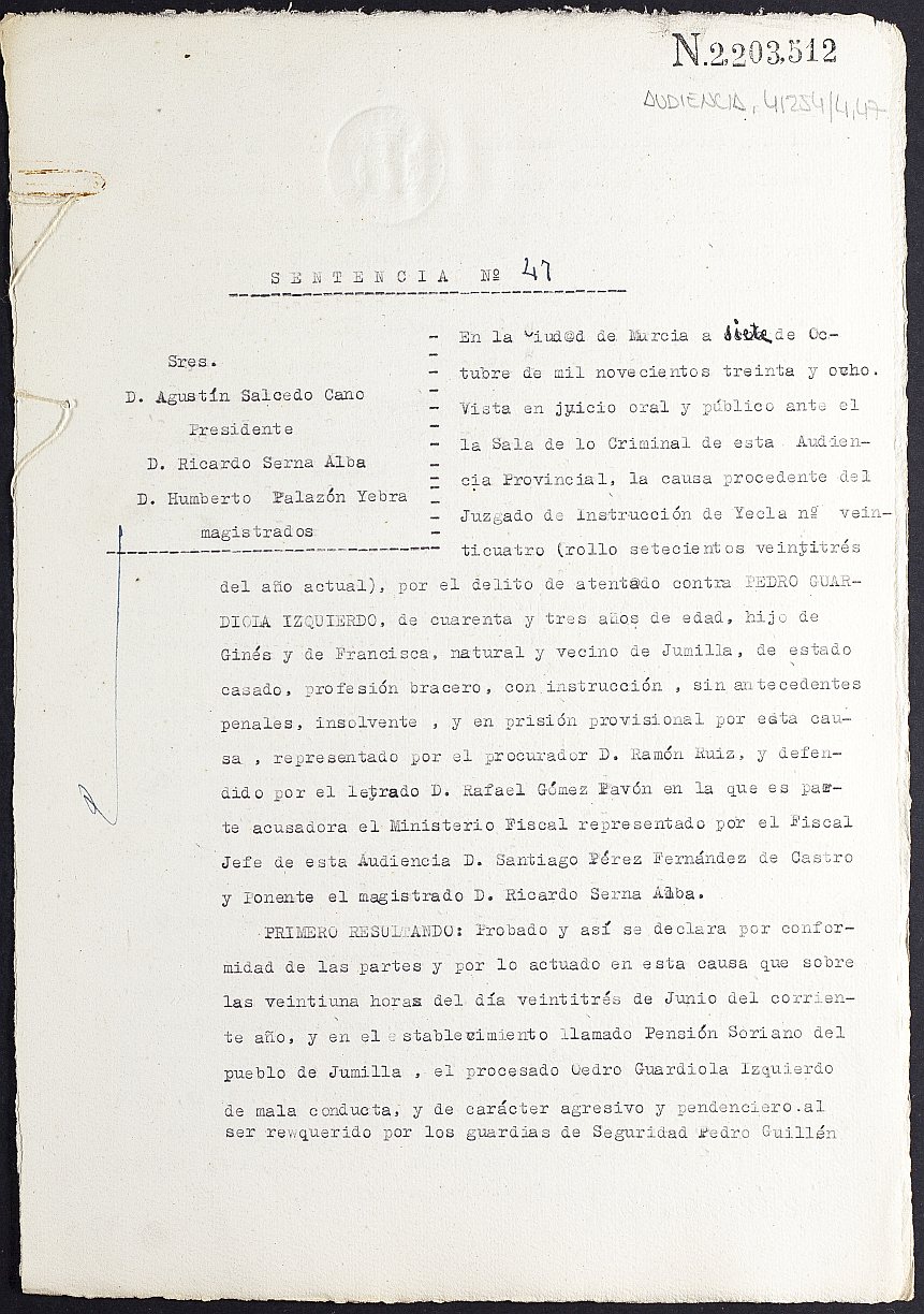 Sentencia nº 47/1938 de la Audiencia Provincial contra Pedro Guardiola Izquierdo por el delito de lesiones.