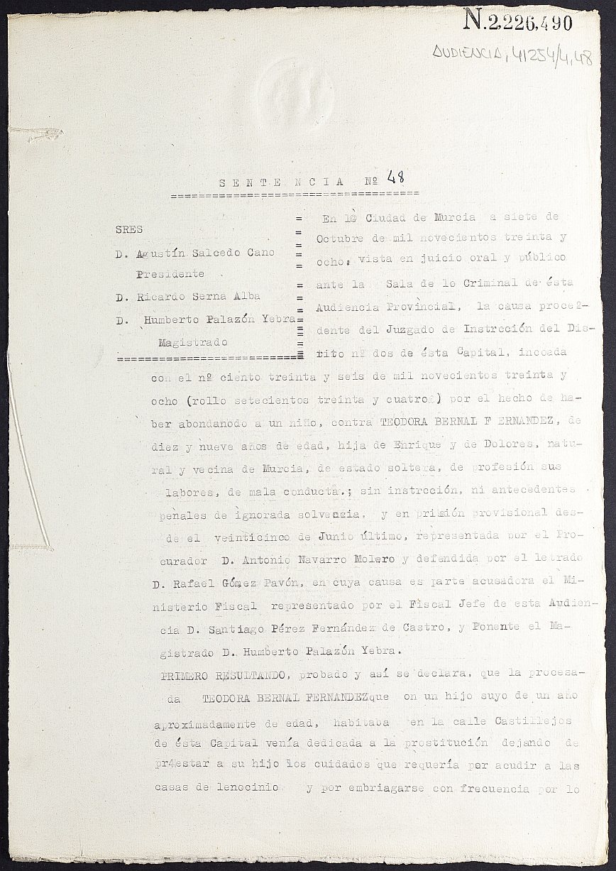 Sentencia nº 48/1938 de la Audiencia Provincial contra Teodora Bernal Fernández por haber abandonado a un niño.