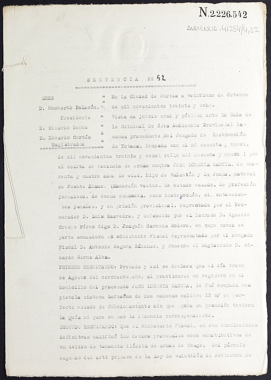 Sentencia nº 52/1938 de la Audiencia Provincial contra José Lorenta García por tenencia de armas.