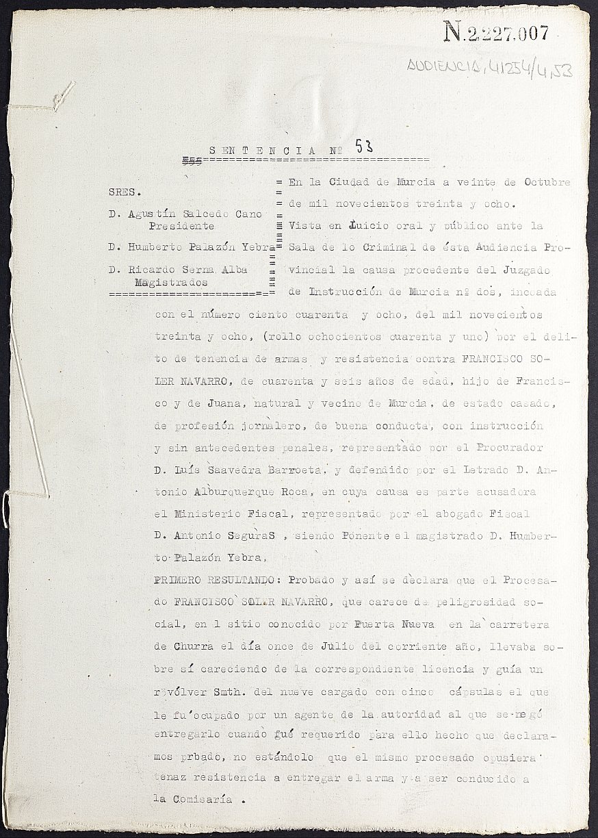 Sentencia nº 53/1938 de la Audiencia Provincial contra Francisco Soler Navarro por tenencia ilícita de armas.