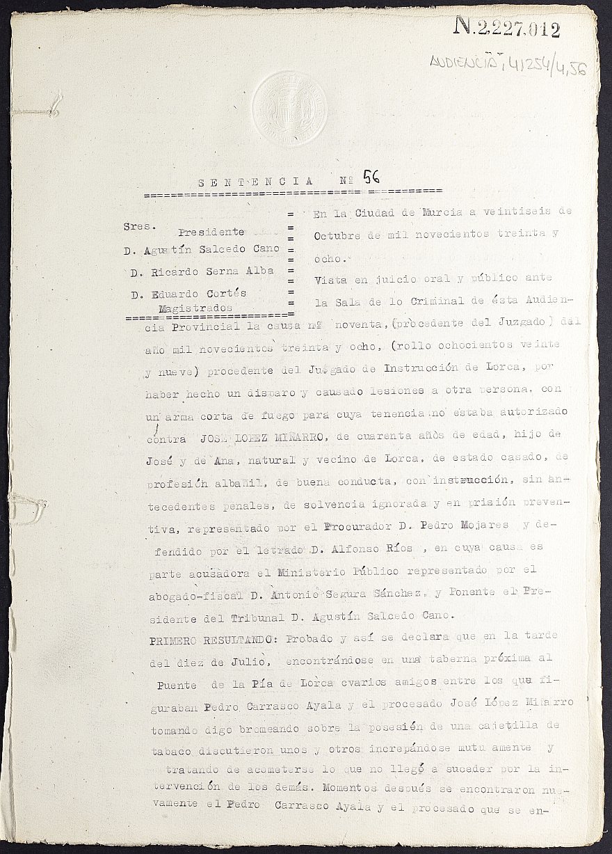 Sentencia nº 56/1938 de la Audiencia Provincial contra José López Miñarro por un delito de lesiones.