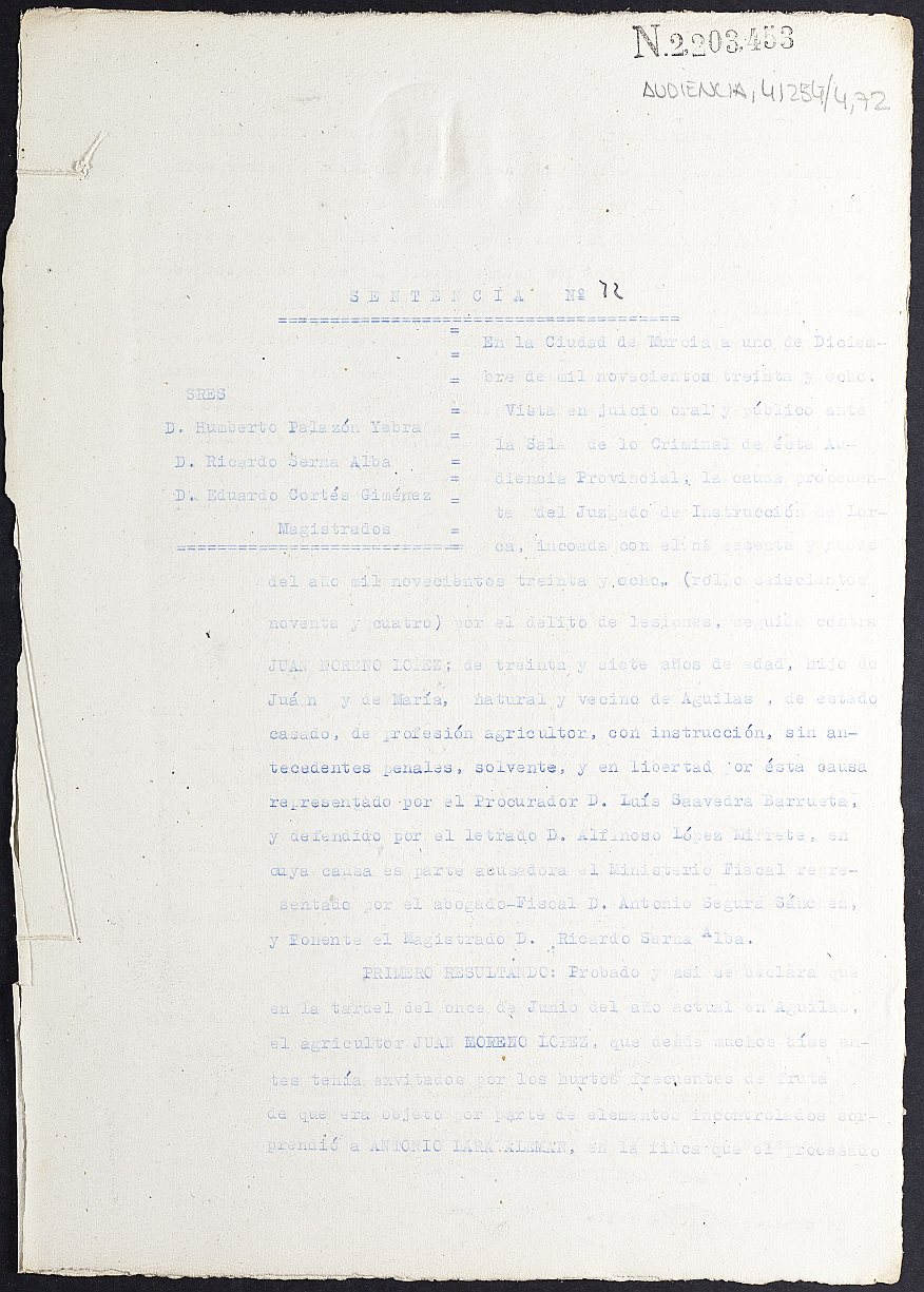 Sentencia nº 72/1938 de la Audiencia Provincial contra Juan Moreno López por lesiones.