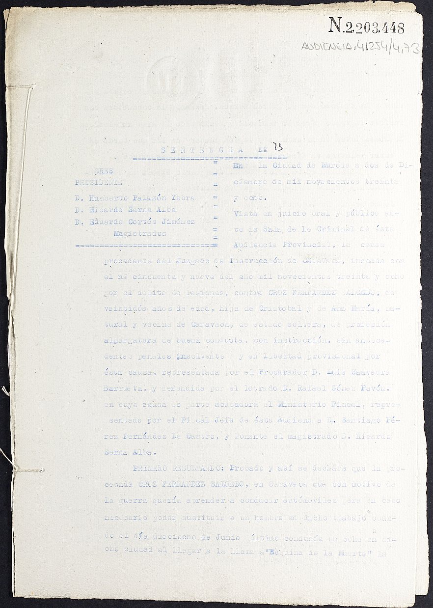 Sentencia nº 73/1938 de la Audiencia Provincial contra Cruz Fernández Salzedo por lesiones.