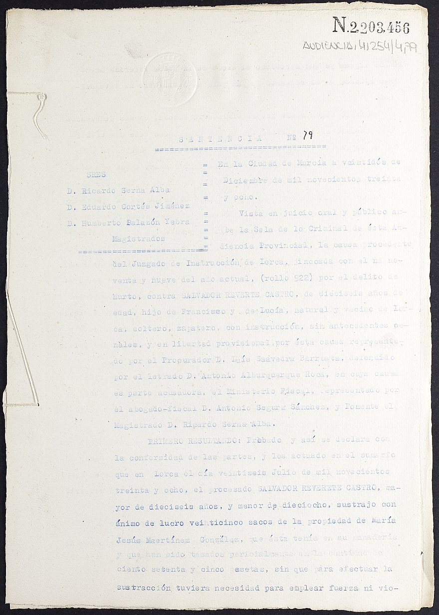 Sentencia nº 79/1938 de la Audiencia Provincial contra Salvador Reverte Castro por el delito de hurto.