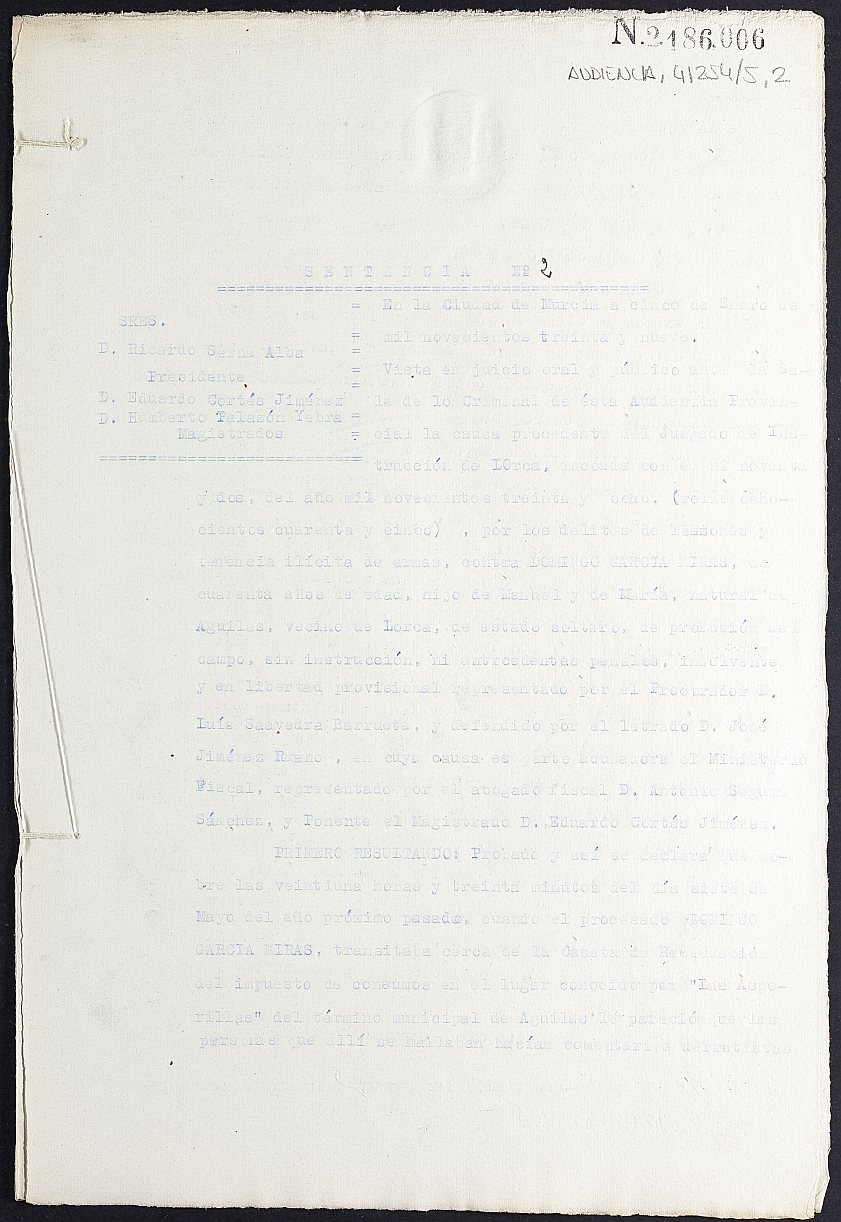 Sentencia nº 2/1939 de la Audiencia Provincial contra Domingo García Miras por el delito de lesiones.