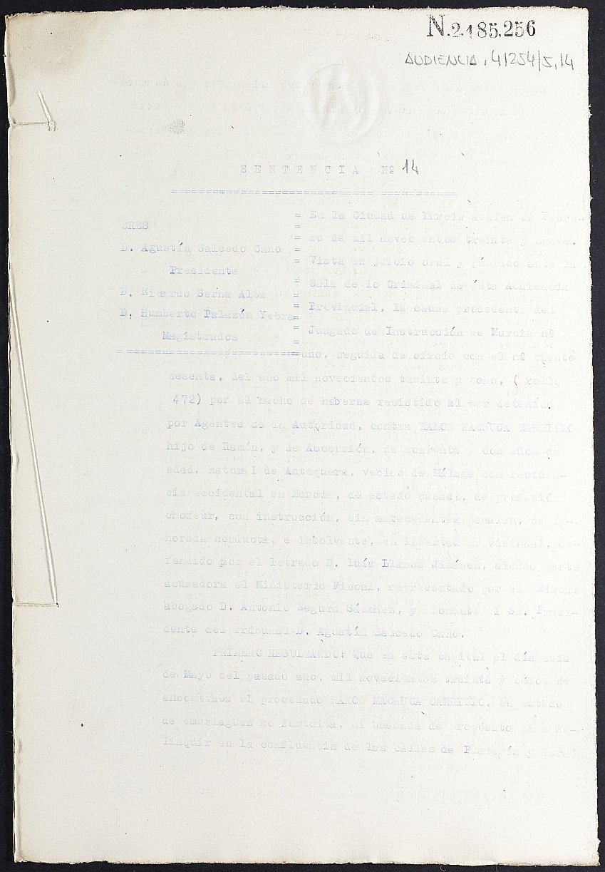 Sentencia nº 14/1939 de la Audiencia Provincial contra Ramón Machuca Carrillo por resistencia a la autoridad.