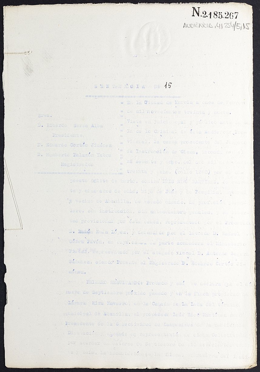 Sentencia nº 15/1939 de la Audiencia Provincial contra Luis Rico Martínez por hurto.