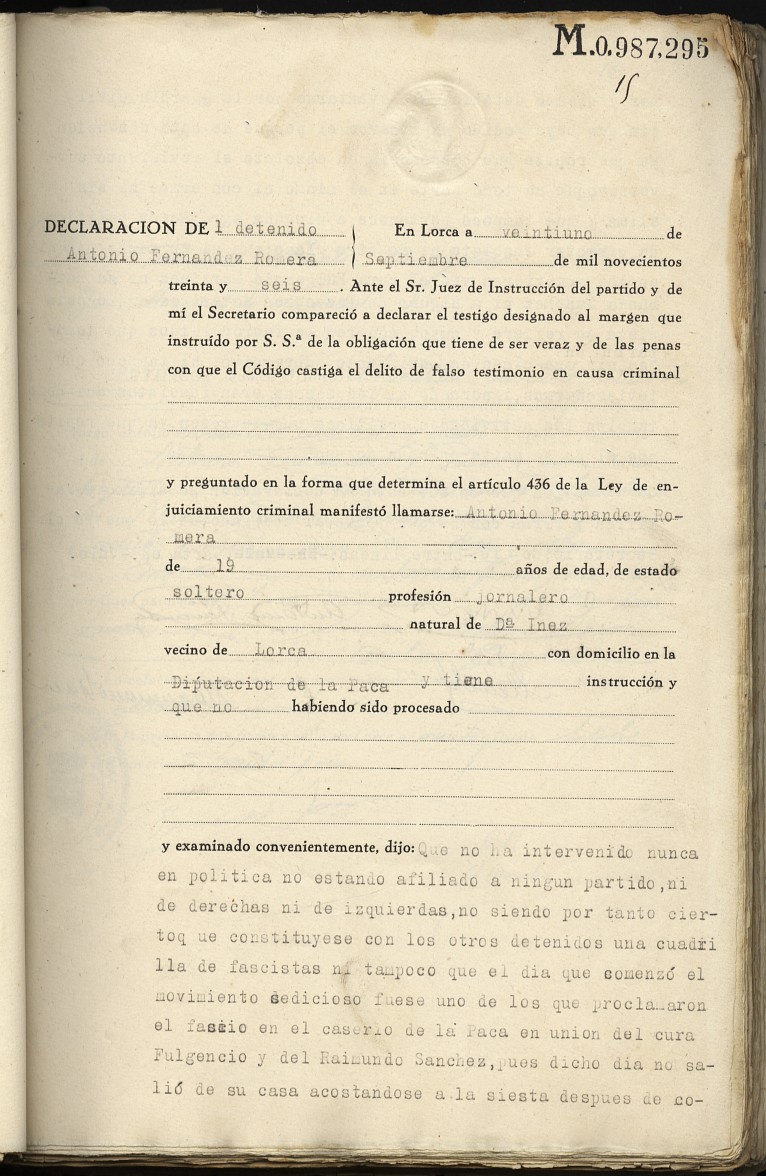 Pieza separada nº 1 sobre rebelión militar contra Fulgencio Martínez García y otros nueve vecinos de La Paca (Lorca), instruida por el Juzgado Especial para la Rebelión nº 2 de la Provincia de Murcia.