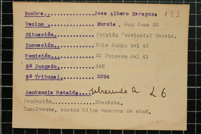 Ficha de responsabilidades políticas de José Albero Zaragoza