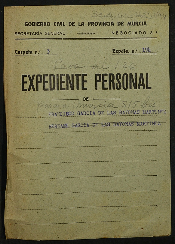 Expediente de concesión de pensión como huérfanos de la Guerra a Francisco y Bernabé García de las Bayonas Martínez.