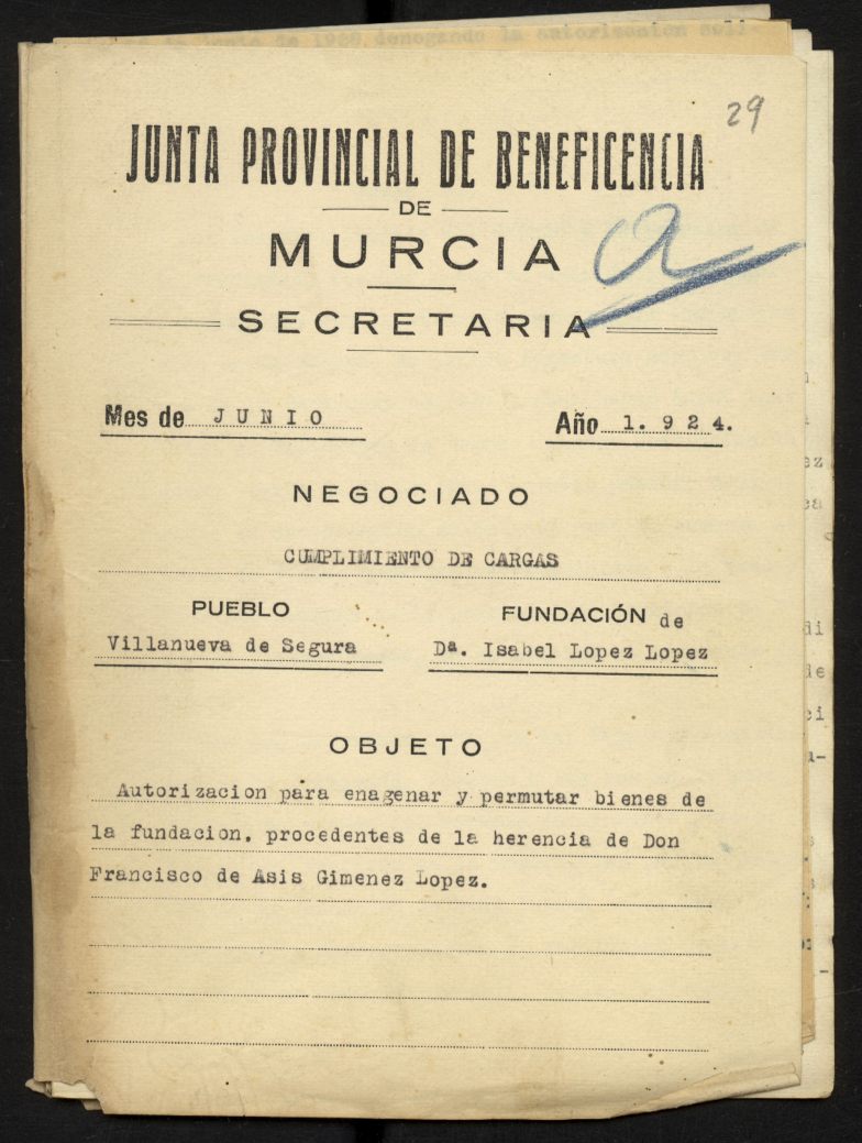 Expediente de autorización para enajenar bienes de la fundación Isabel López López procedentes de la herencia de Francisco de Asís Giménez López. .