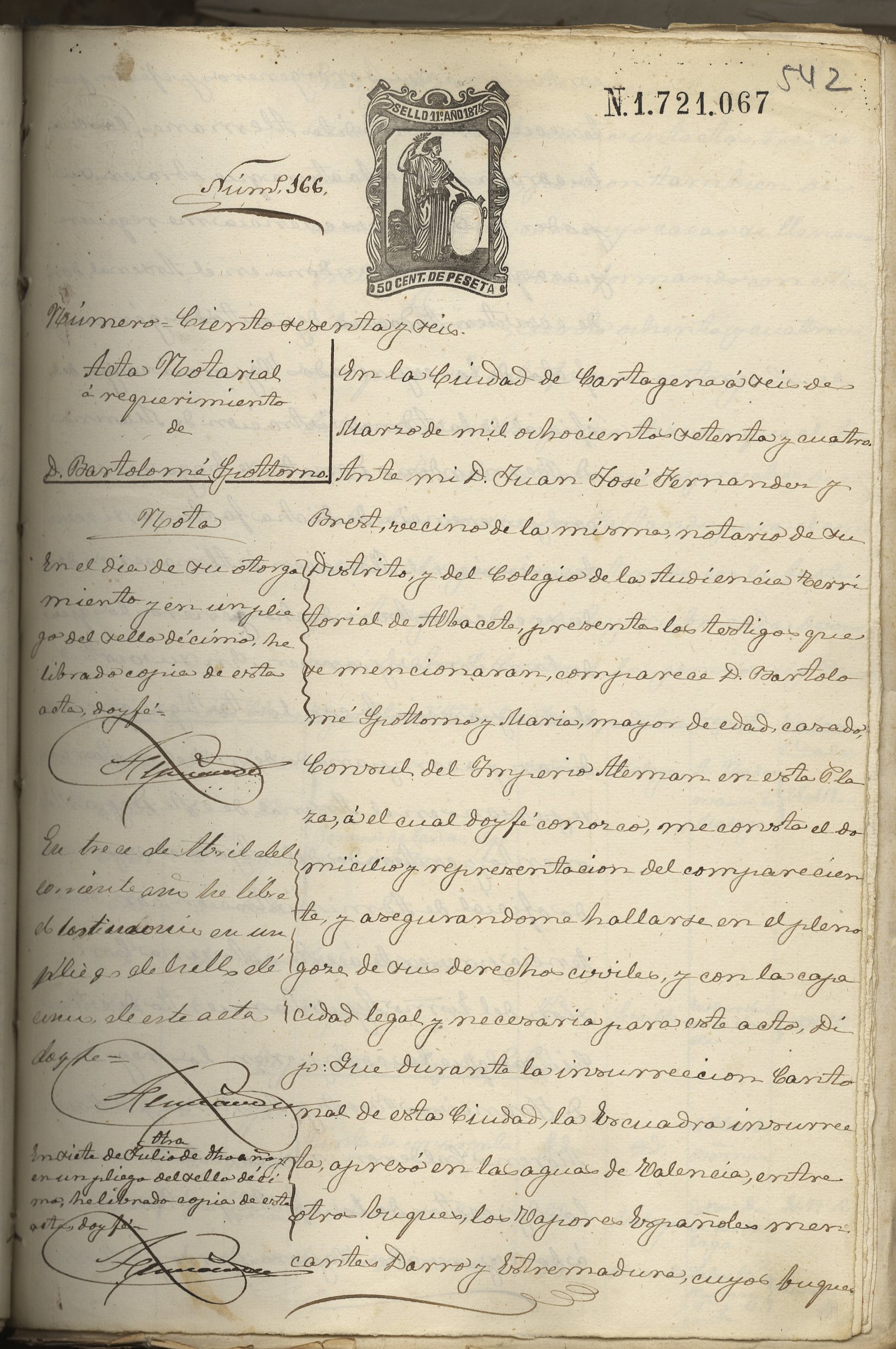 Acta notarial a requerimiento de  Bartolomé Spottorno María.