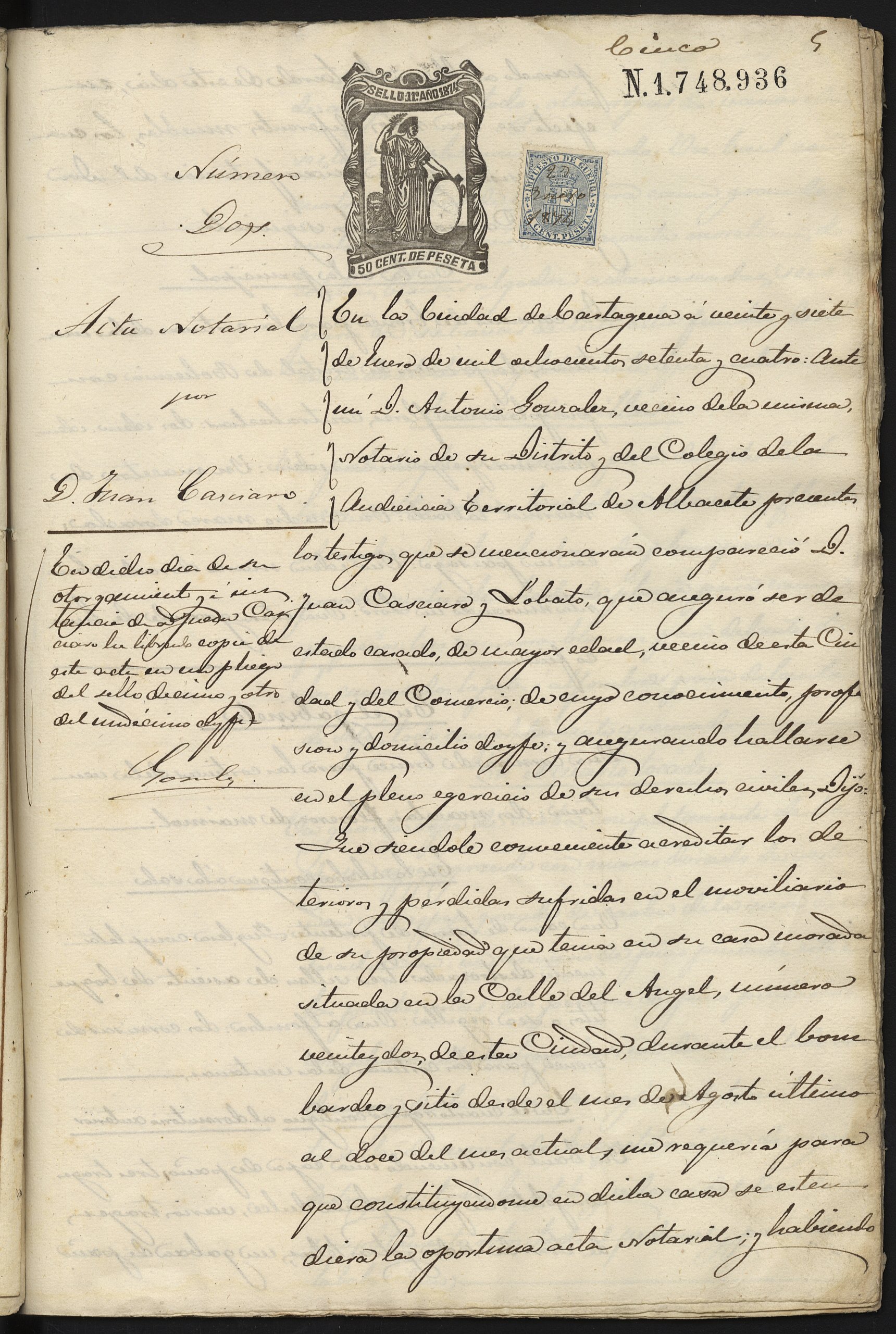 Acta notarial otorgada por Juan Casciaro para acreditar los deteriores y pérdidas sufridos en el mobiliario de su casa en Cartagena durante el bombardeo y sitio desde mes de agosto de 1873 hasta el 12 de enero de 1874.
