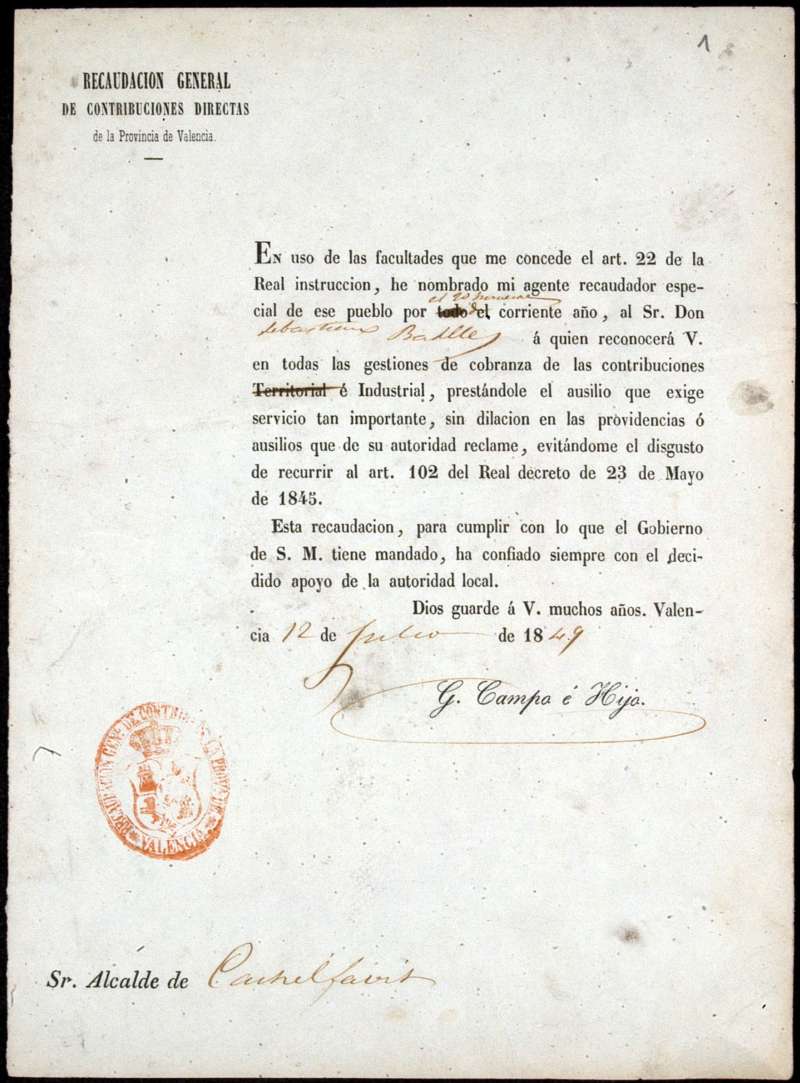 Oficios de la Recaudación General de Contribuciones Directas de la Provincia de Valencia dirigidos a distintos Alcaldes. Años 1849-1854.