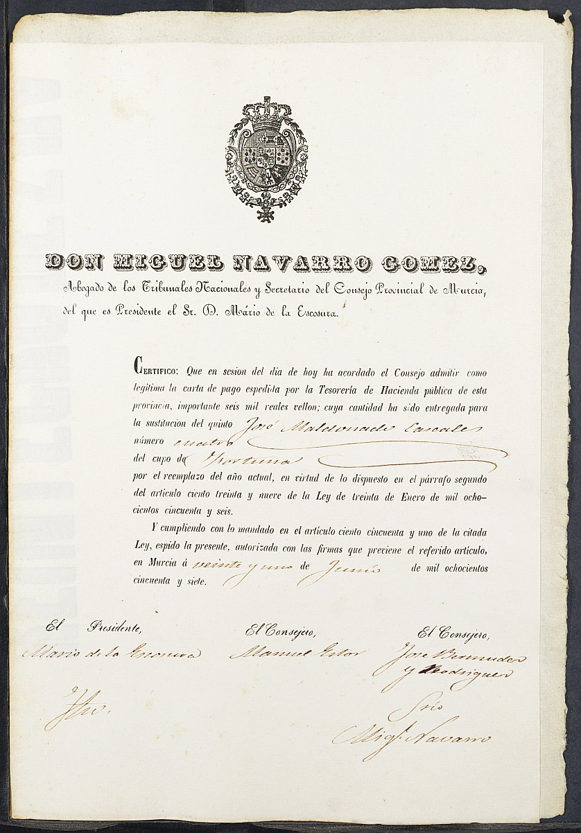 Certificados de las cartas de pago de la sustitución para el Ejército del expediente general de reclutamiento y reemplazo del Ayuntamiento de Fortuna. Año 1857.
