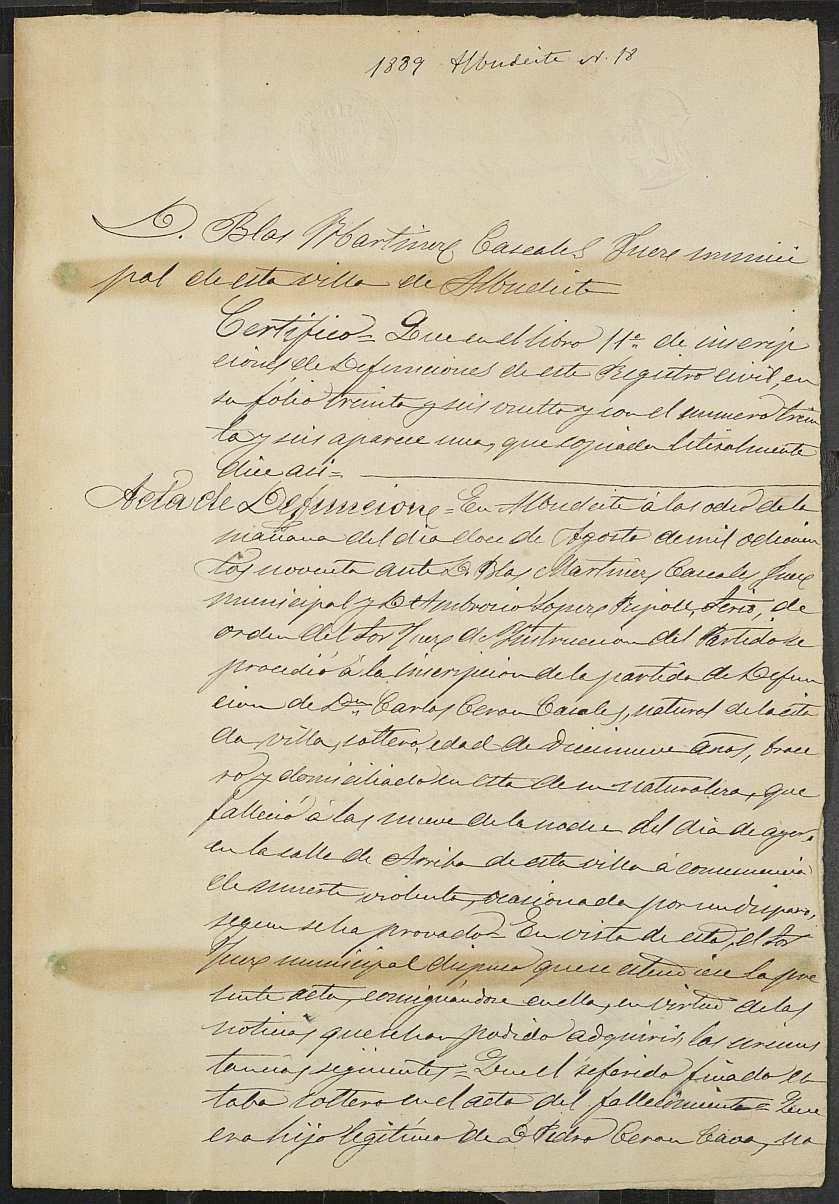Certificado de defunción  de Carlos Cerón Cascales para la excepción del servicio militar, mozo del reemplazo de 1889 de Albudeite.