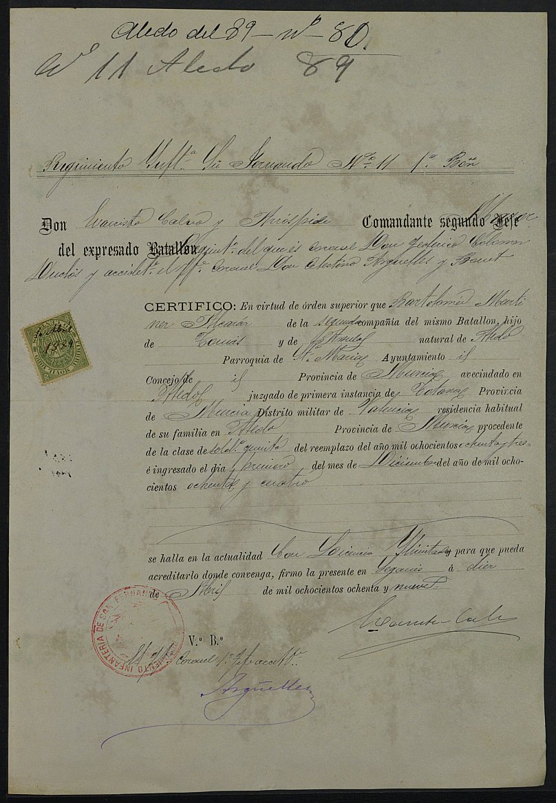 Expediente General de Reclutamiento y Reemplazo de Aledo. Año 1889.