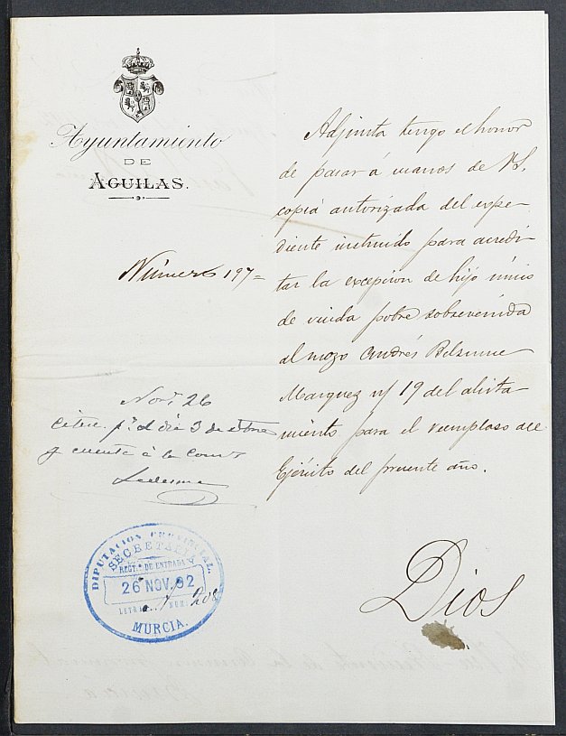 Expediente justificativo de la excepción del servicio militar de Andrés Belzunce Márquez, mozo del reemplazo de 1892 de Águilas.