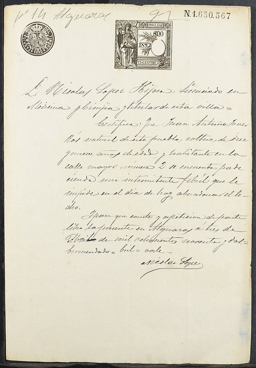 Expediente General de Reclutamiento y Reemplazo de Alguazas. Año 1892.