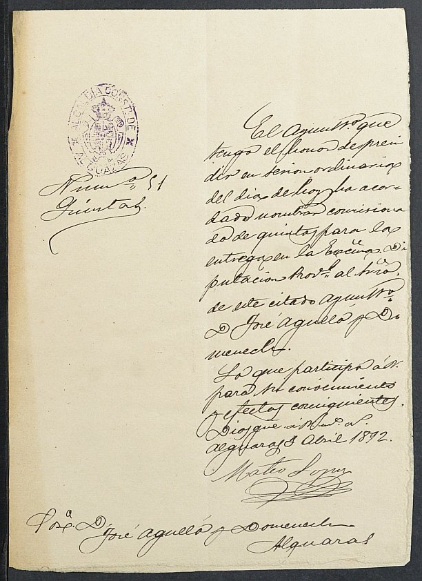 Oficio de Ayuntamiento de Alguazas a la Comisión Provincial comunicando el nombramiento de José Aguello Domenech como responsable de la entregade los mozos del reemplazo de 18921892 de Alguazas.