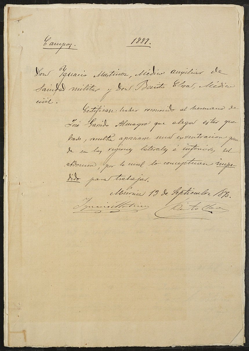 Copia certificada del expediente general de Quintas del Ayuntamiento de Campos del Río del reemplazo de 1892.