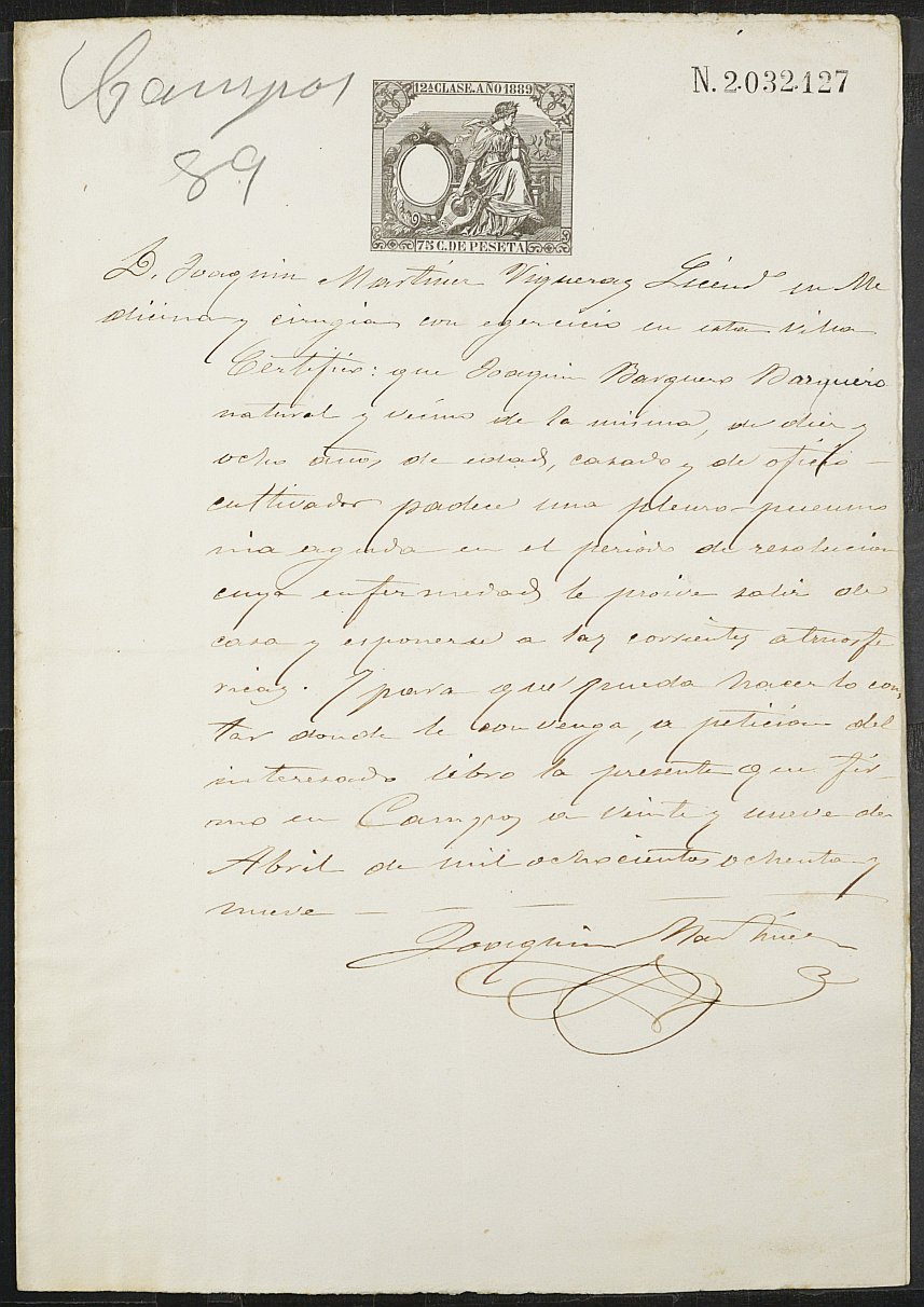 Certificados médicos de Joaquín Barquero Barquero para la excepción del servicio militar, mozo del reemplazo de 1889 de Campos del Río.
