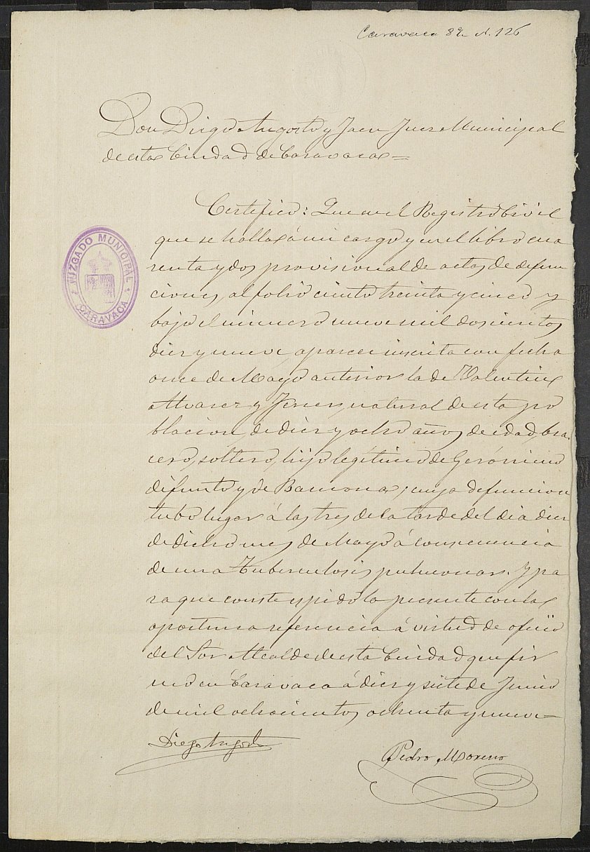 Certificado de defunción de de Valentín Álvarez Ferrer para la excepción del servicio militar, mozo del reemplazo de 1889 de Caravaca de la Cruz.