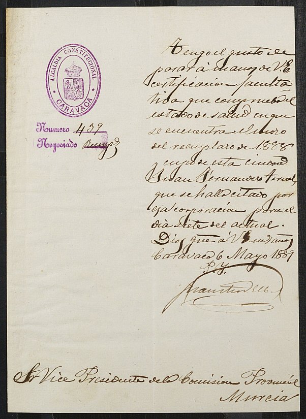 Certificado médico de Juan Fernández Teruel para la excepción del servicio militar, mozo del reemplazo de 1889 de Caravaca de la Cruz.