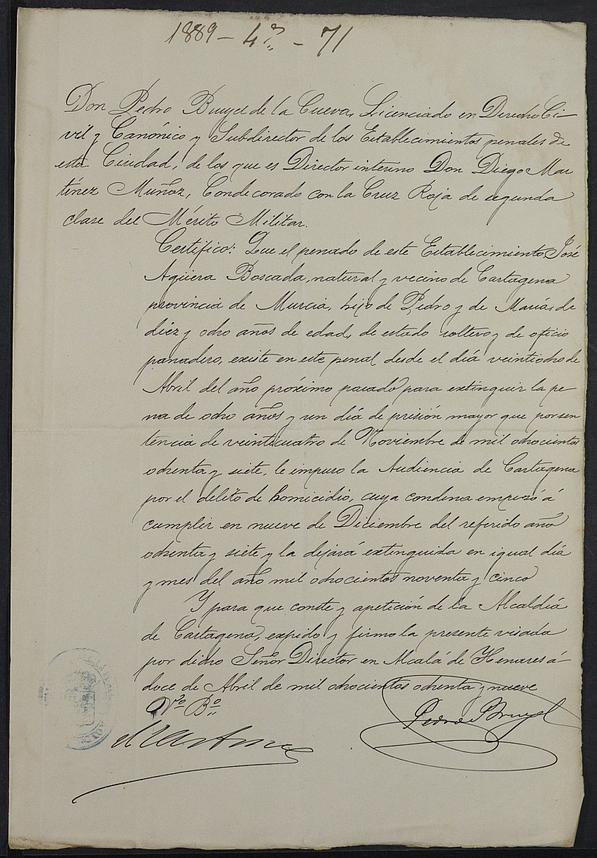 Certificado de encarcelamiento de José Agüera Roscada para la excepción del servicio militar, mozo del reemplazo de 1889 de Cartagena.