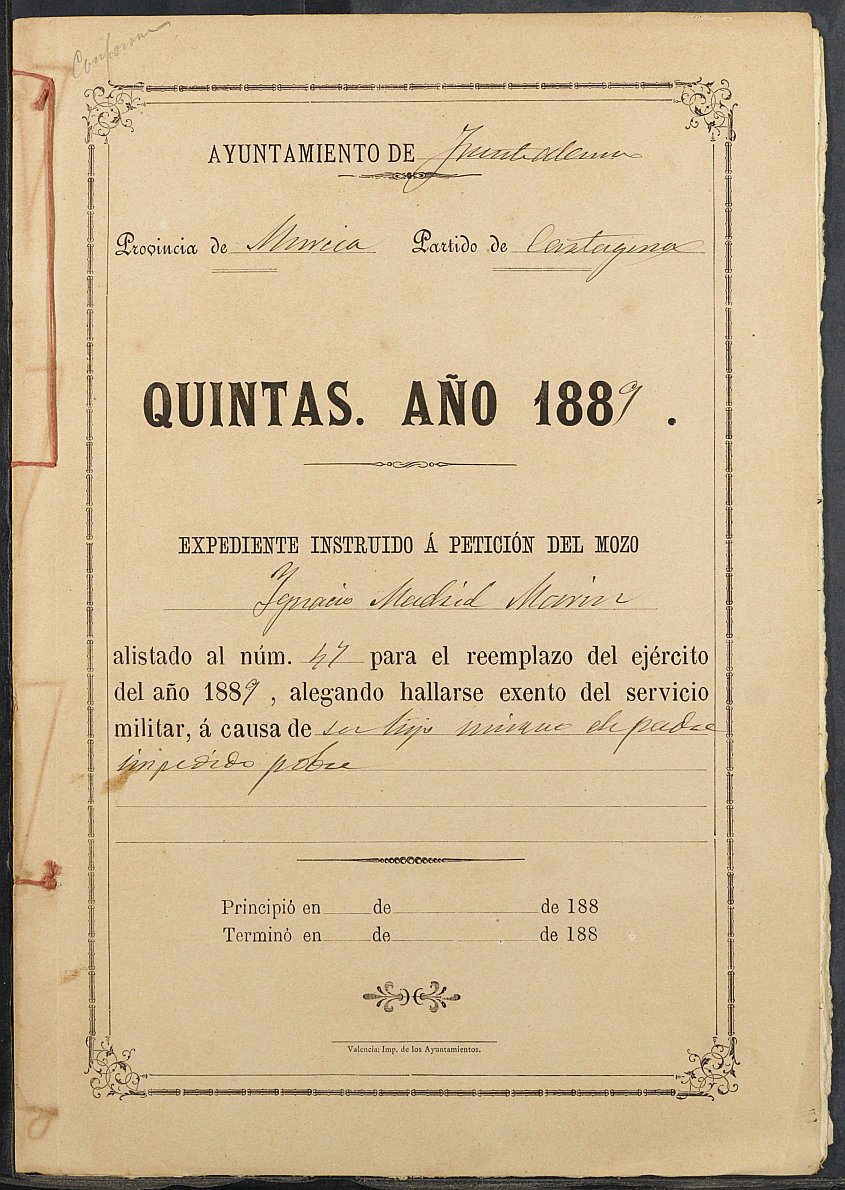Expediente justificativo de la excepción del servicio militar de Ignacio Madrid Marín, mozo del reemplazo de 1889 de Fuente Álamo.