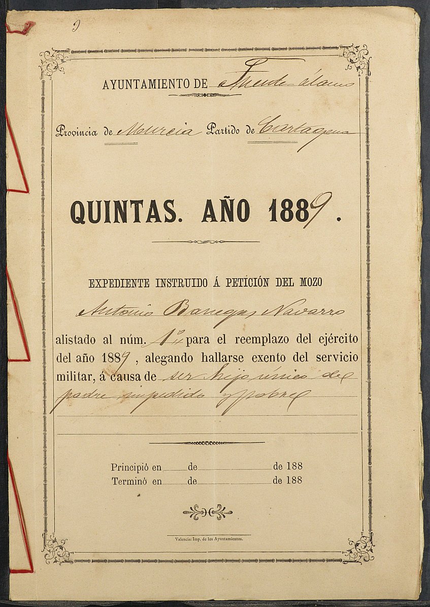 Expediente justificativo de la excepción del servicio militar de Antonio Banegas Navarro, mozo del reemplazo de 1889 de Fuente Álamo.
