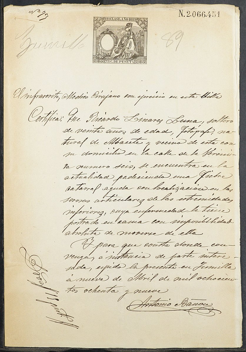 Certificado médico de Ricardo Linares Luna para la excepción del servicio militar, mozo del reemplazo de 1889 de Jumilla.