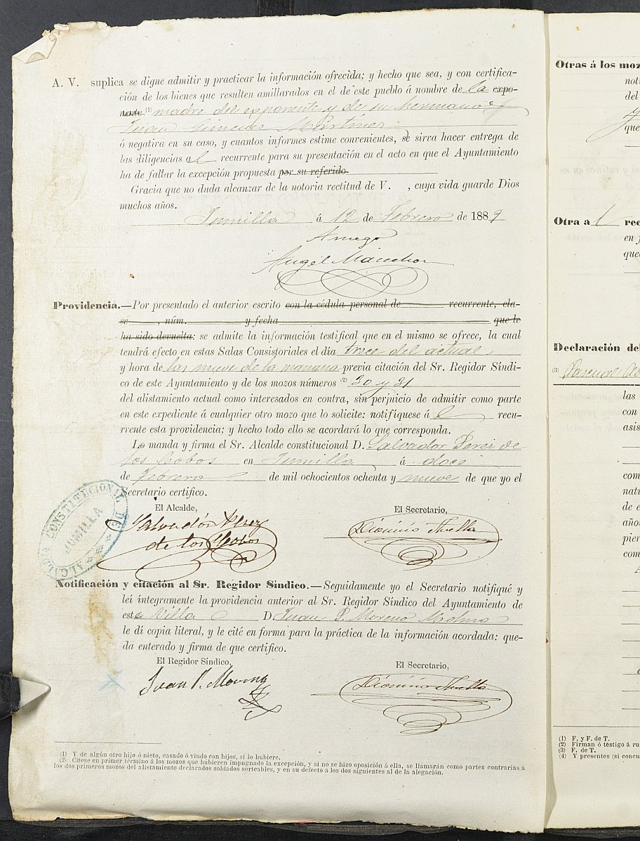 Expediente justificativo de la excepción del servicio militar de Gabriel Giménez Martínez, mozo del reemplazo de 1889 de Jumilla.