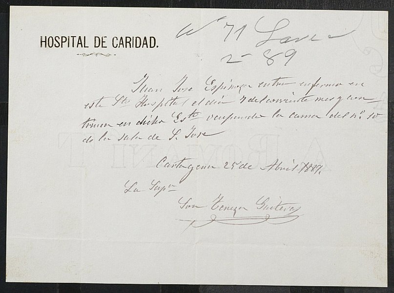 Certificado de ingreso hospitalario Juan José Espinosa Pérez para la excepción del servicio militar, mozo del reemplazo de 1889 de Lorca.