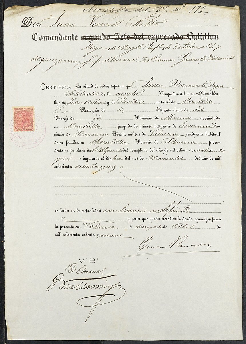 Expediente justificativo de la excepción del servicio militar de Pedro Navarrete Moya, mozo del reemplazo de 1889 de Moratalla.