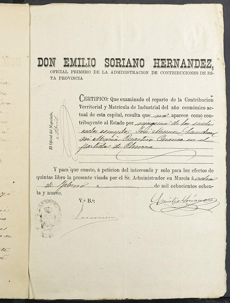 Expediente justificativo de la excepción del servicio militar de Juan José Muñoz Cuartero, mozo del reemplazo de 1889 de Murcia.