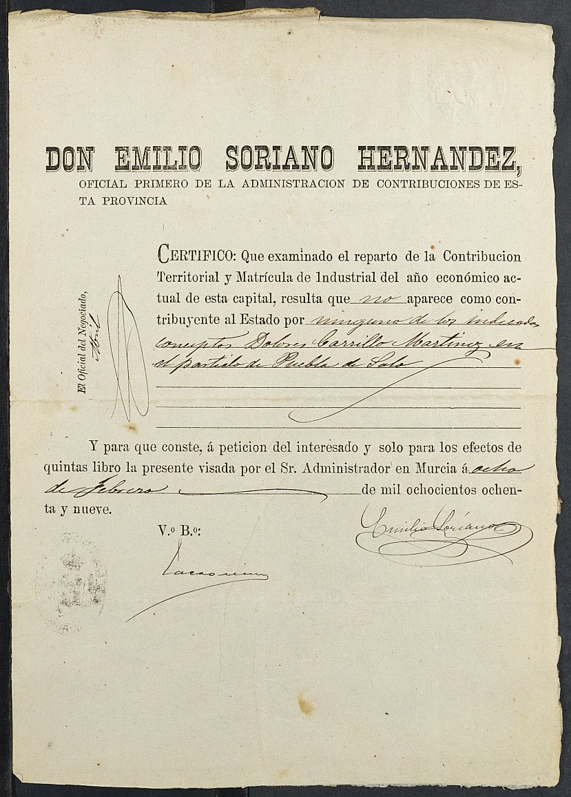 Expediente justificativo de la excepción del servicio militar de José María Sánchez Carrillo, mozo del reemplazo de 1889 de Murcia.