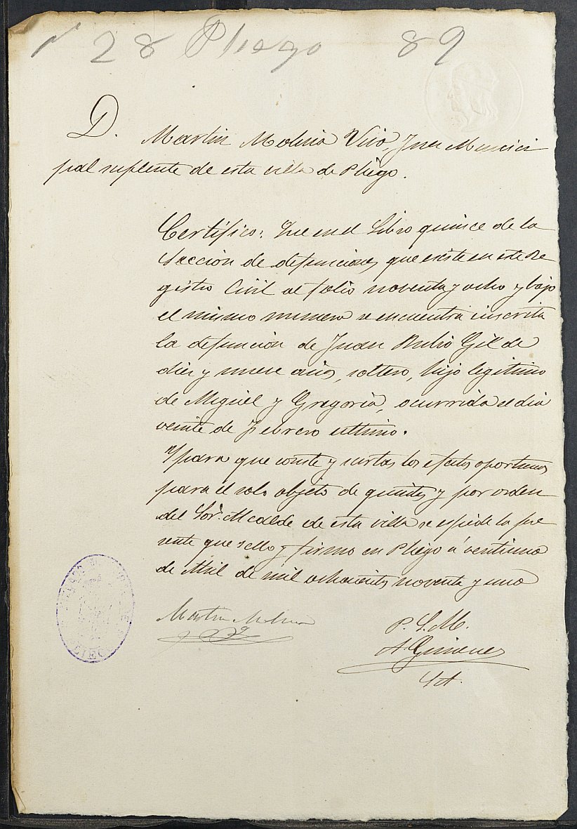 Certificado de defunción de Juan Rubio Gil para la excepción del servicio militar, mozo del reemplazo de 1889 de Pliego.